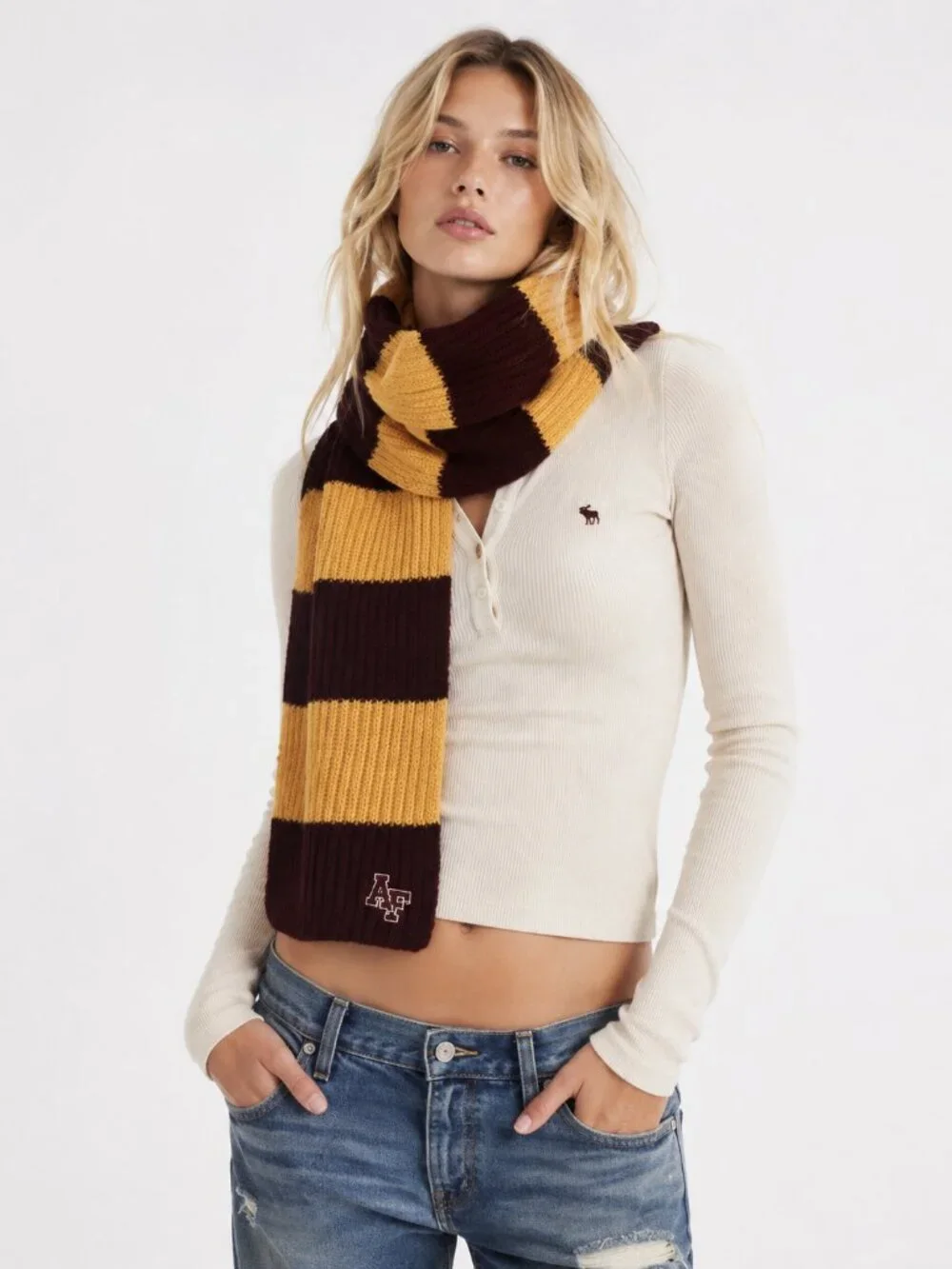 Abercrombie & Fitch Wool Rugby Scarf Purple Yellow Striped Y2K Preppy Vintage